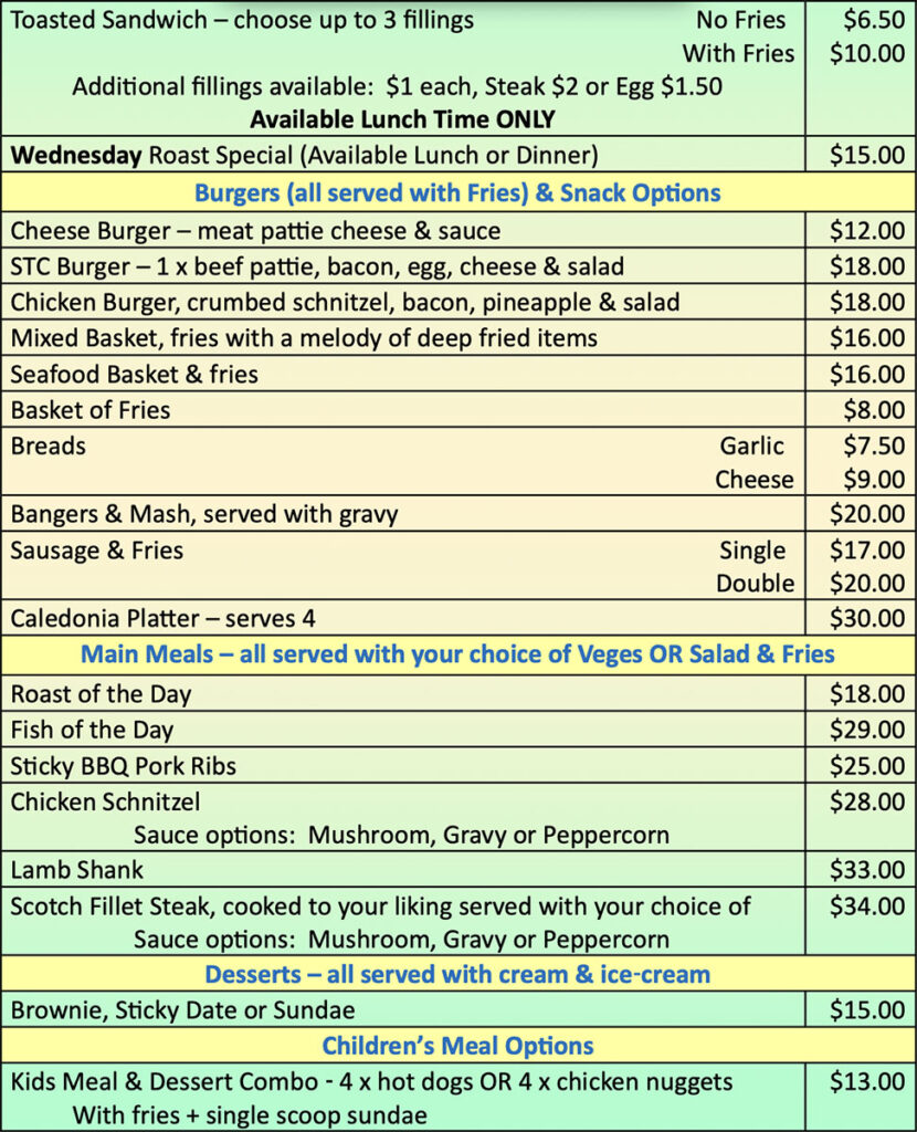 Caledonia Restaurant Menu